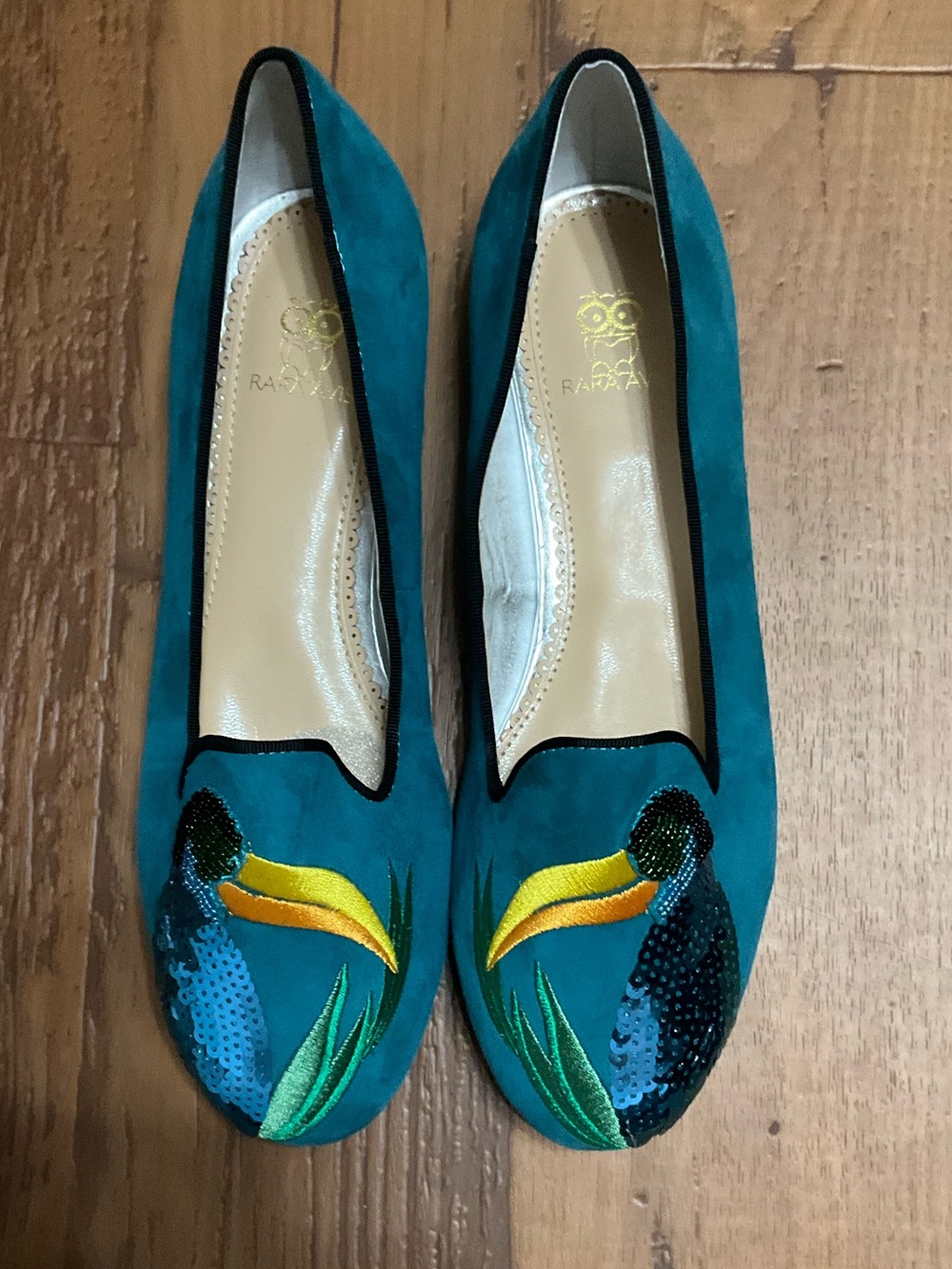 Rara Avis Shoes- Womens Flat Turquoise Suede Sequined Pelican Bird SZ 9